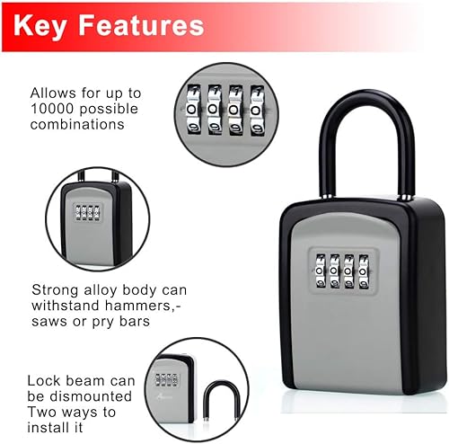 Miniatura 5 de Caja de cerradura de llave, caja de bloqueo de combinación con código para almacenamiento de llaves de casa, armario combinado para puerta (negro-1