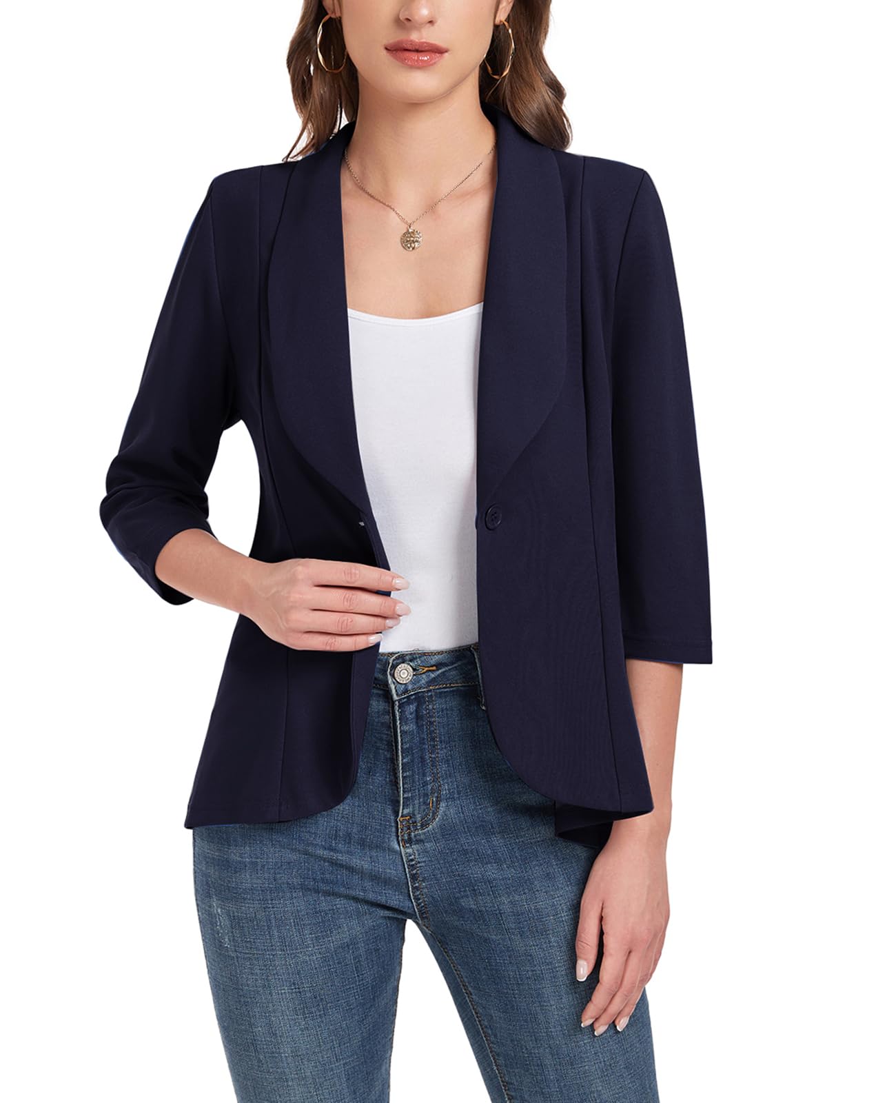 Blazer da donna con maniche a 3/4, cardigan aperto sul davanti, con bottoni, collo a scialle, giacche da lavoro, ufficio, giacche