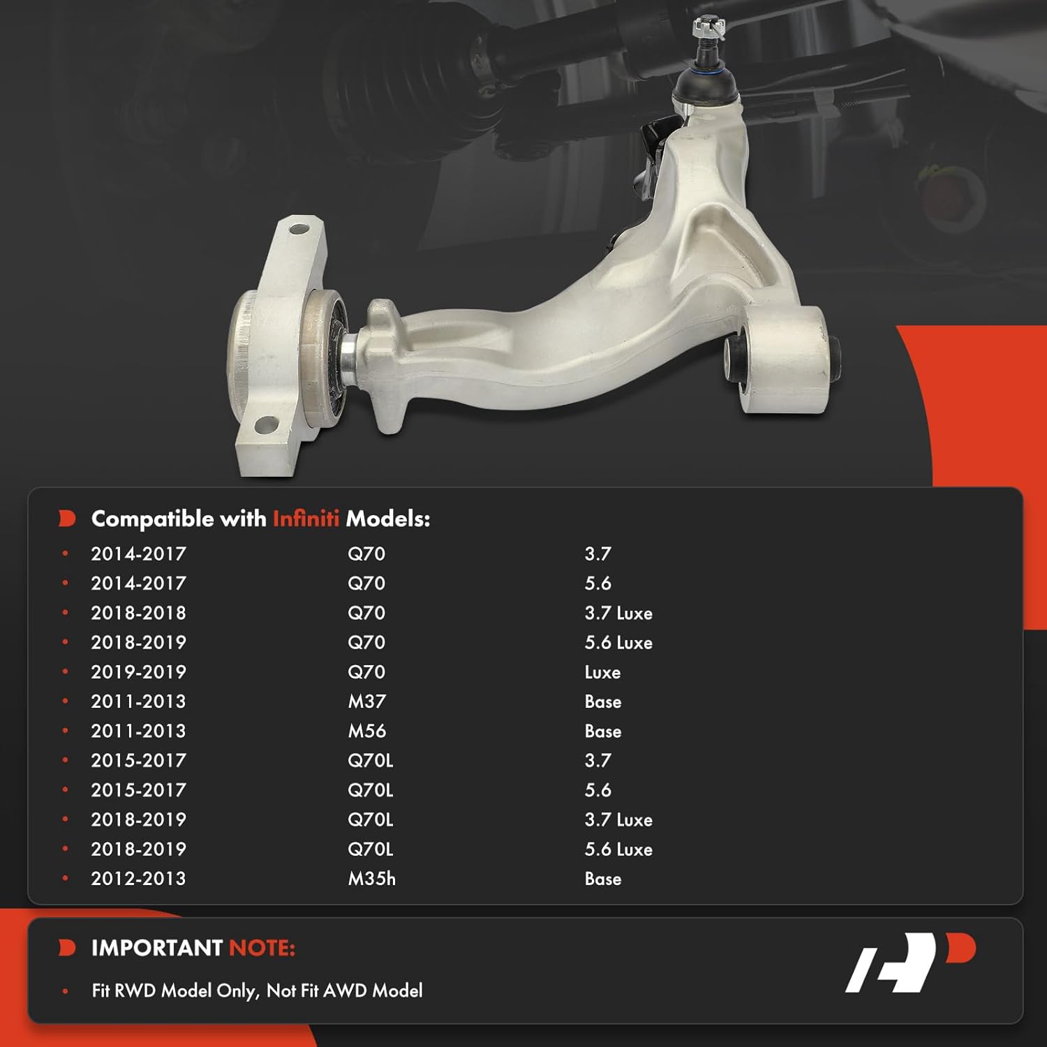 A-Premium Front Right Lower Control Arm, with Ball Joint & Bushing, Compatible with Infiniti M35h 2012-2013, M37 2011-2013, M56 2011-2013, Q70 2014-2019, Q70L 2015-2019, RWD Only