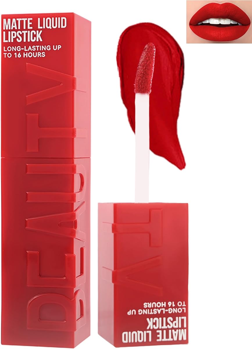 Lápiz labial rojo rubí mate de larga duración, brillo de labios para mujer | Lápiz labial líquido de alta pigmentación de larga duración, brillo de labios impermeable de terciopelo, maquillaje de labios antiadherente de Navidad de Acción de Gracias para mujeres