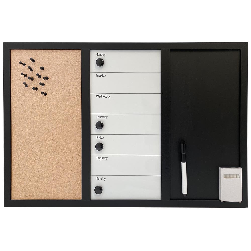 DisplayLager 3 in 1 Kombitafel, Magnettafel für Wochenplanung, Kork und Kreidetafel, inkl. 1 Marker, 4 Magnete, 12 Pins, 5 stk. Kreide (English, 40 x 60 cm)