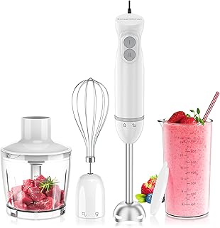 Bonsenkitchen Mixeur Plongeant, 1000 W, Acier Inoxydable, 2 Vitesses Variables, avec Hachoir, verre Doseur et Fouet, pour Préparations pour Bébés, Soupes, Smoothies et Purées