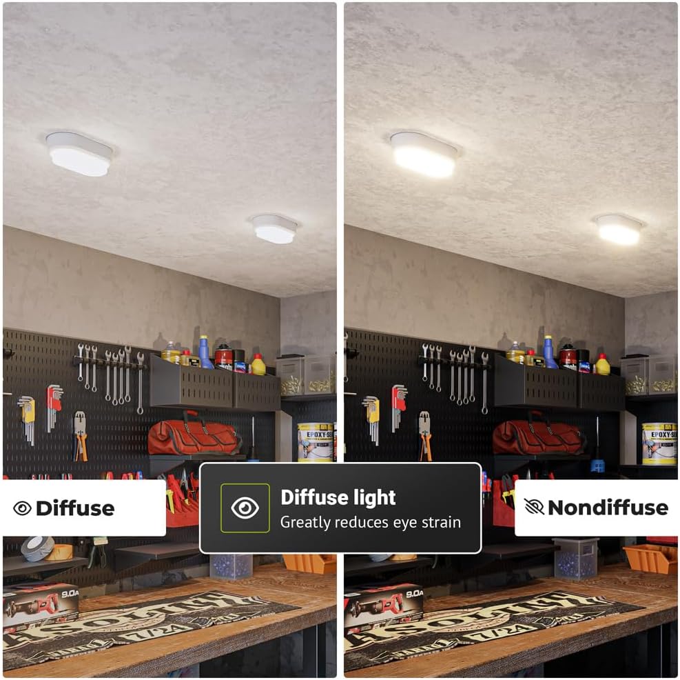 A side-by-side comparison in a garage showing the effect of diffuse light versus non-diffuse light from an oval LED fixture. The diffuse light on the left appears softer and less harsh.