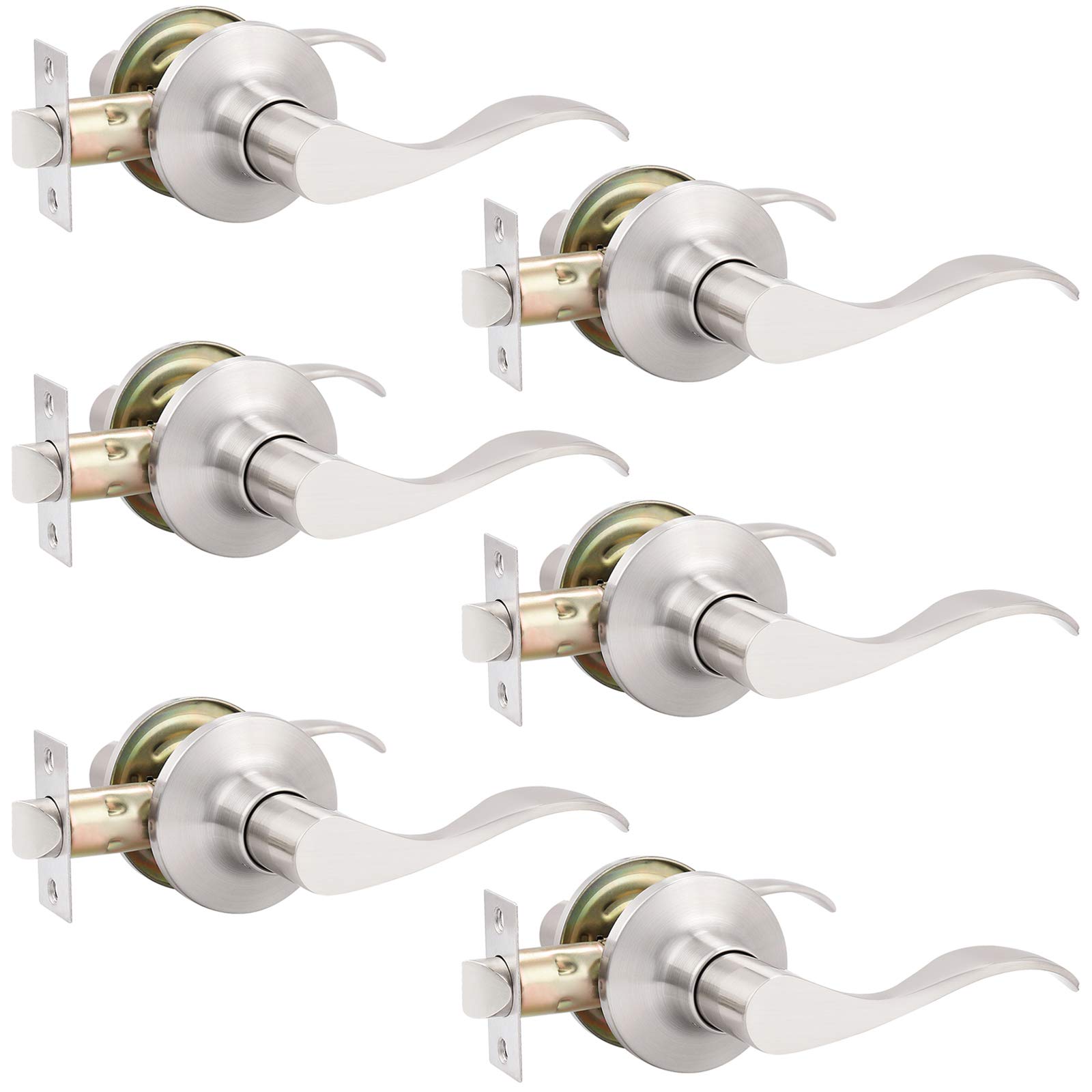 GOBEKOR6 Pack Passage Lever Door Handle Brushed Nickel Wave Door Levers Interior Door Handles for Closet Keyless Indoor Door Locks