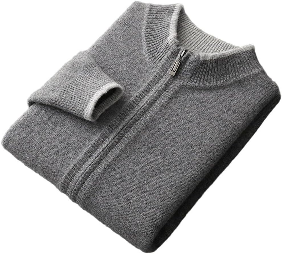 Mens Thick Zip Cardigan Fall Winter 100 Percent Merino Wool Contrast Color Casual Knitted Fashion Sweater