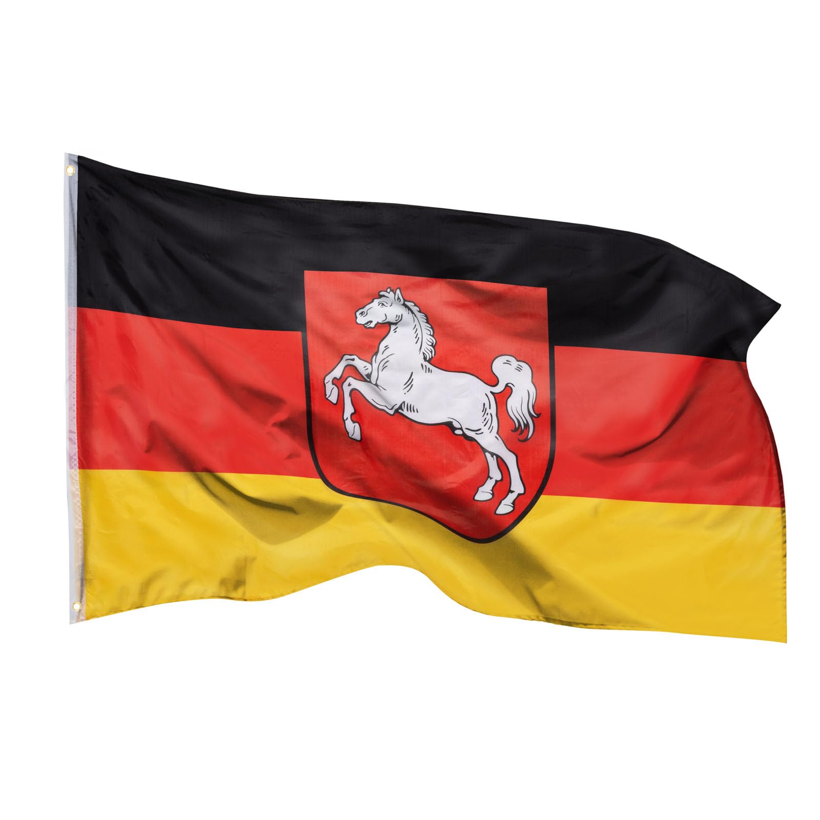 PHENO FLAGS Niedersachsen Flagge 90x150cm - wetterbeständige Fahne mit Messingösen, 100% Polyester, robuste Doppelnaht & in lebendigen Farben - ideal für Flaggen-Liebhaber