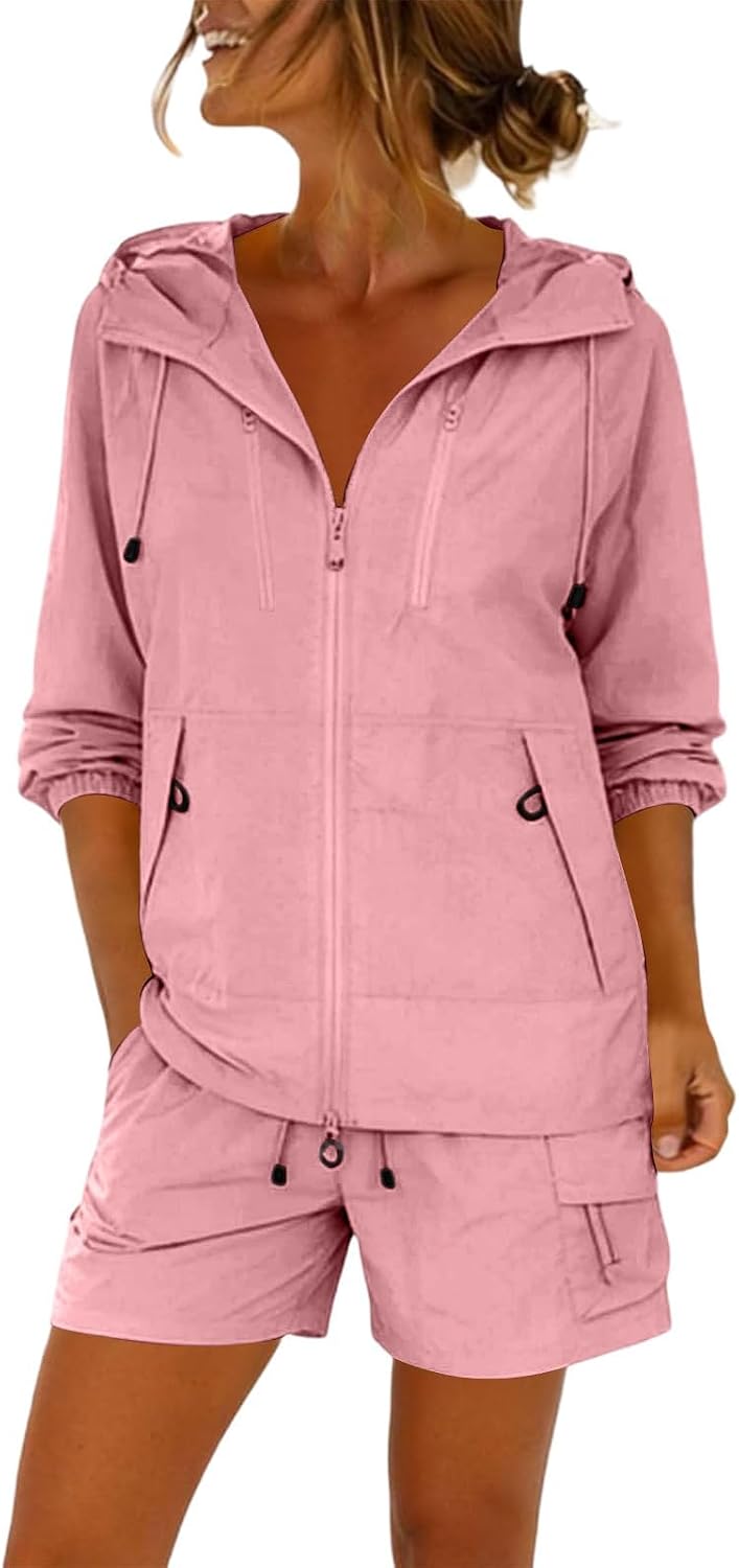 Womens 2 Piece Set, Long Sleeve Hooded Jacket and Shorts, Lightweight Short Sets Women 2 Piece Outfits