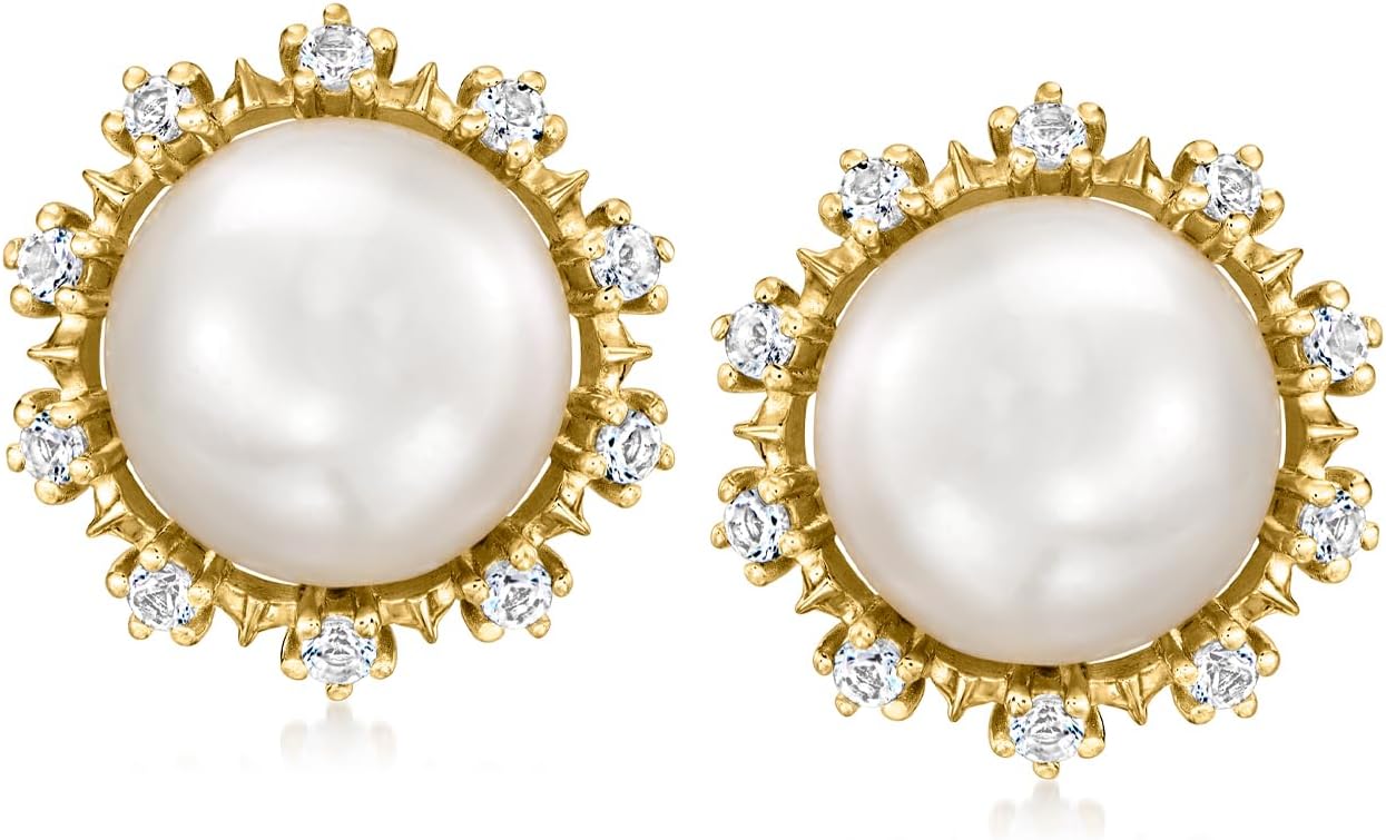 Ross-Simons 10.5-11mm Cultured Pearl and .60 ct. t.w. White Topaz Earrings in 18kt Gold Over Sterling