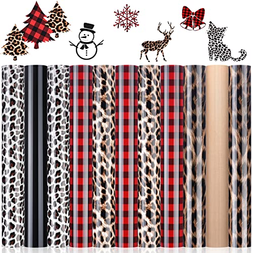 Leopard Pattern Heat Transfer Vinyl Animal Print HTV Vinyl Bundle-10pcs Set 12  x 10  (Total 10ft) HTV Vinyl Pattern with Red & Black Buffalo Plaid Iron on Vinyl for DIY Decoration Heat Press Design