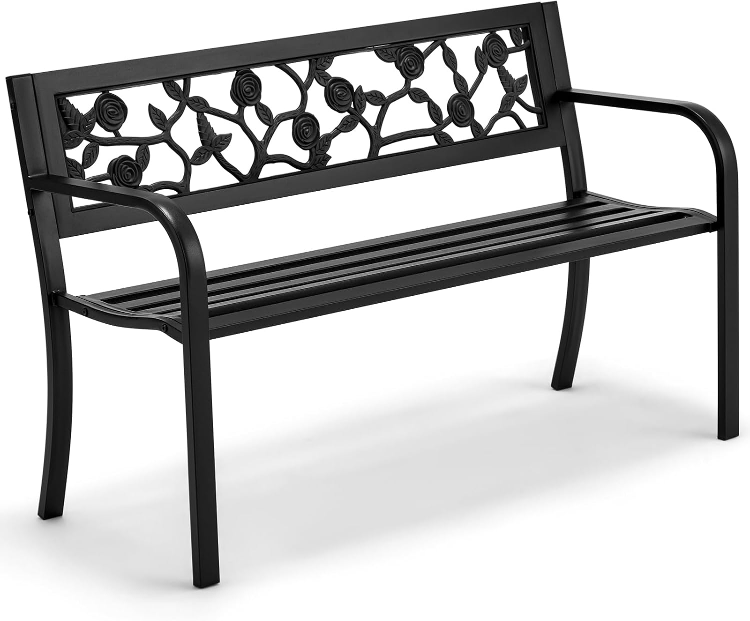 AVAWING 2-Person Outdoor Bench, floral backrest, metal frame, black