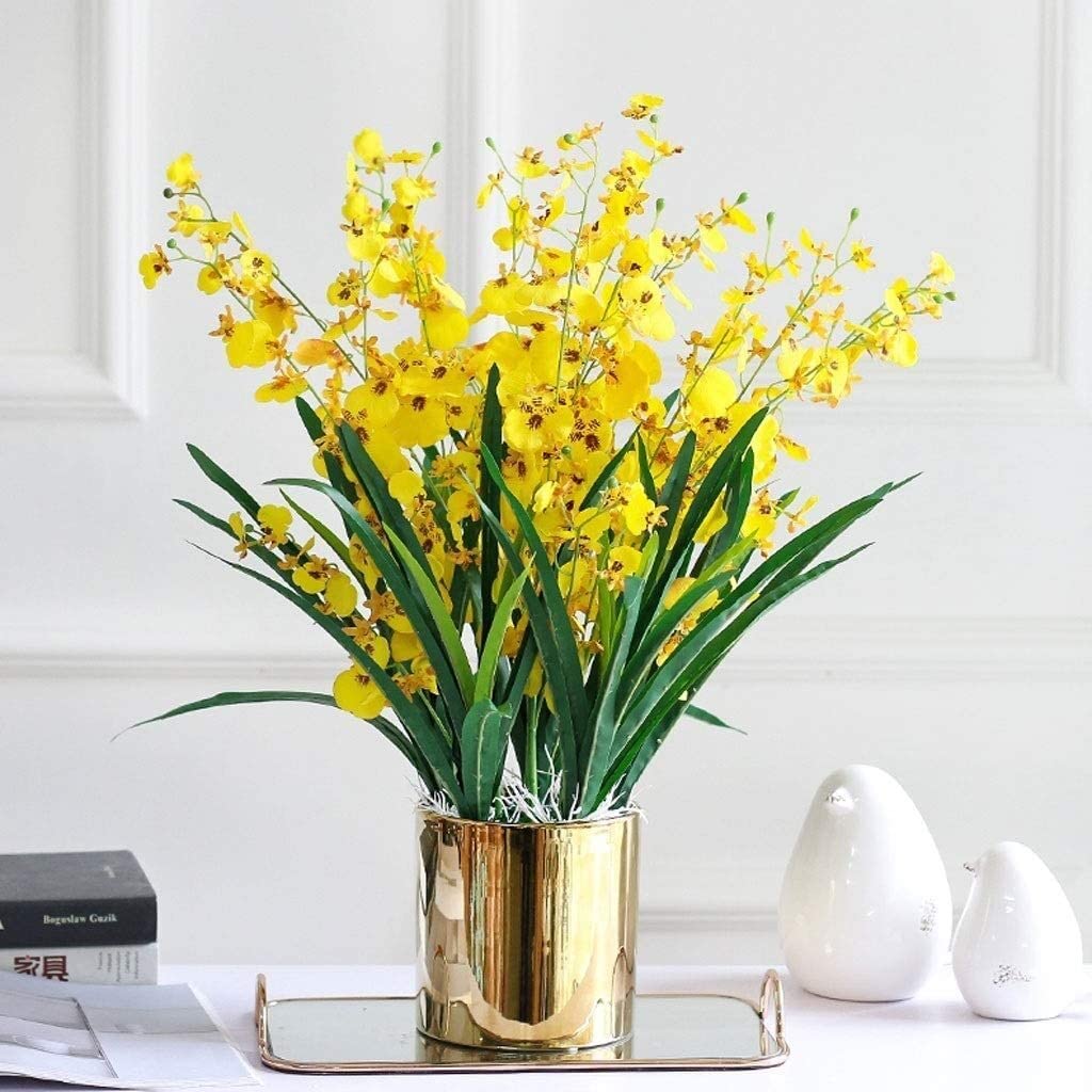 SDdPulse Fiori finti splendidamente in seta artificiale orchidea danzante con vaso in ceramica per la casa bouquet di fiori secchi decorativi, giallo, 65 cm