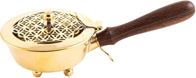 NKlaus Incense burner brass gold with wooden handle L: 20cm Flower of life for incense and resins Carrying vessel operating mode incense charcoal of sand 4020