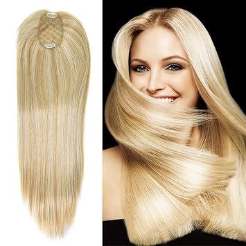 Womens Hair Topper No Bangs Premium Long Hair Wigs Blond Middle Part With Thinning Hair Wig Clip In Crown 16" Topper For Women 6.5cmX10.5cm, 24H613#-Pale Golden Blonde&Bleach Blonde-16