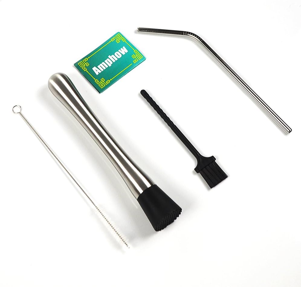 Cocktail Muddler - AMPHOW Stainles Steel Professional Bartender Muddler Bar Tool Set,with 1 Metal Straws,2 Cleaning Brush - DIY Your Perfect Drinks,Black Silver