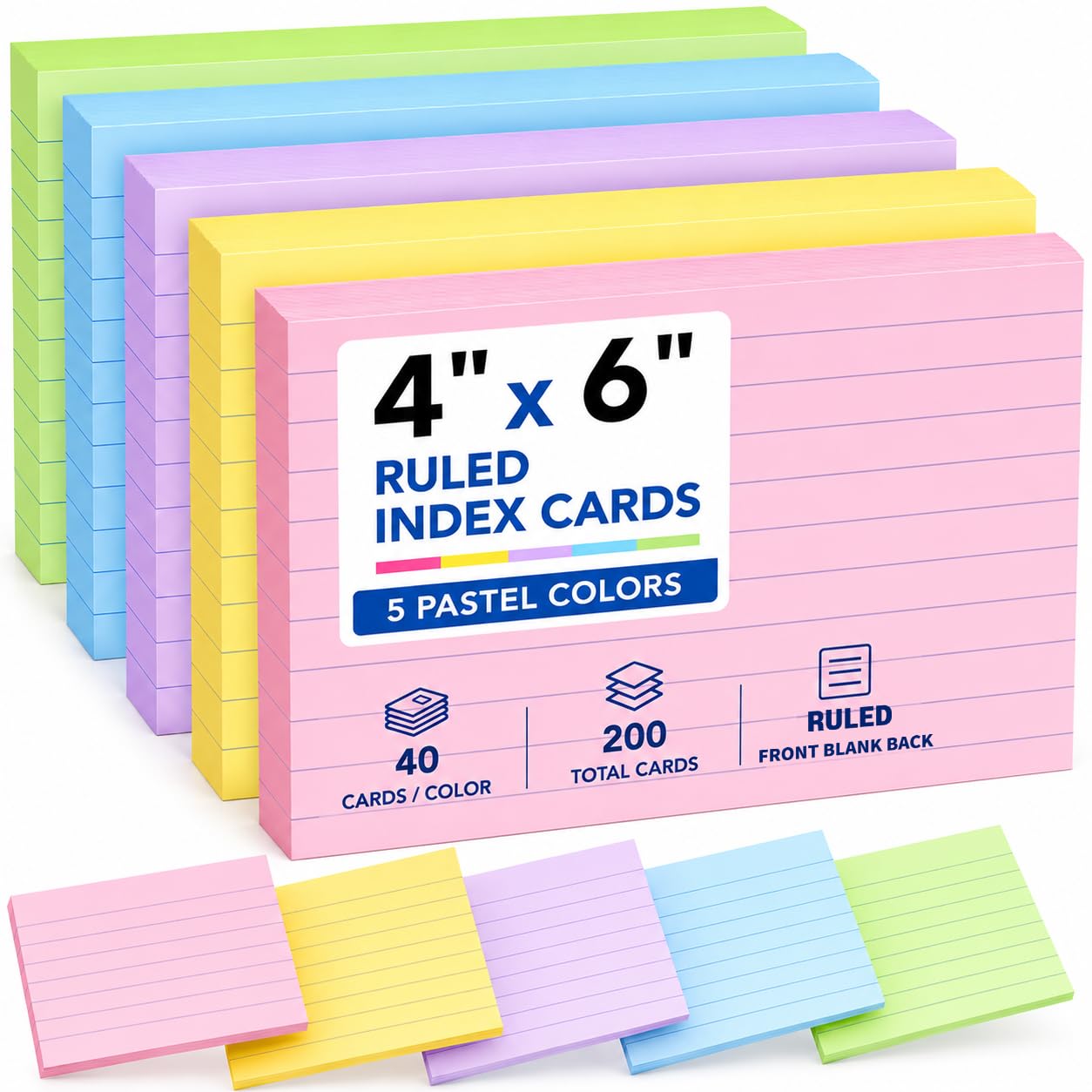 Photo 1 of Index Cards 4x6, 200 Count Colored Flash Cards, Lined Flashcards Notecards, Note Cards for Studying, 180GSM Study Card, 5 Pack of 40