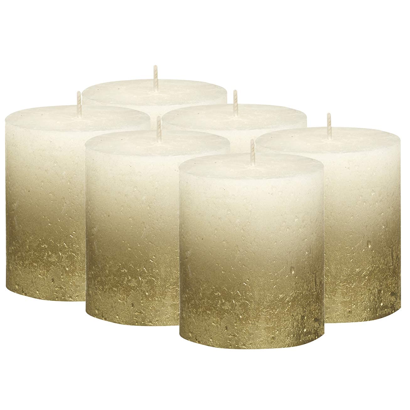 bolsius fading metallic pack of 6 bulk pillar candles 2.75 x 3.25 inch gold & ivory unscented smokeless home décor candles - clean burning prefect for special occasions restaurant, spa, 80x68 mm