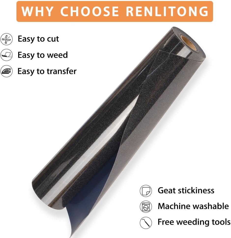 RENLITONG Black Glitter HTV Heat Transfer Vinyl Rolls - 12 Inch x 20ft Glitter Iron on Vinyl for T-Shirt and Silhouette, Easy to Cut & Weed for Heat Transfer Design