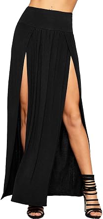 STAR FASHION Women Ladies Double Split Maxi Long Skirt Plain Basic Two Side Slit High Waisted Stretchy Long Summer Party Wear Skirts UK Sizes 8-22