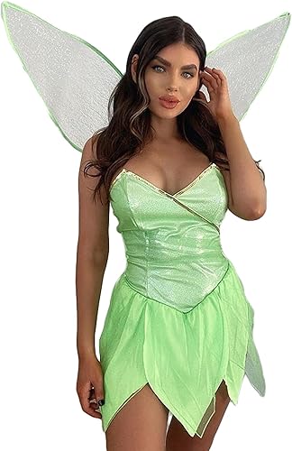 Miniatura 2 de aporake Disfraz de hada con alas para mujer, minivestido verde de hadas del bosque para Halloween, fiesta de Navidad