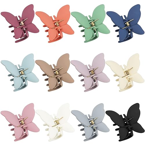 12 pinzas para el cabello con garra de mariposa de 2.6 pulgadas, antideslizantes, mandíbula mate, 12 colores, fuerte sujeción de mariposa, para