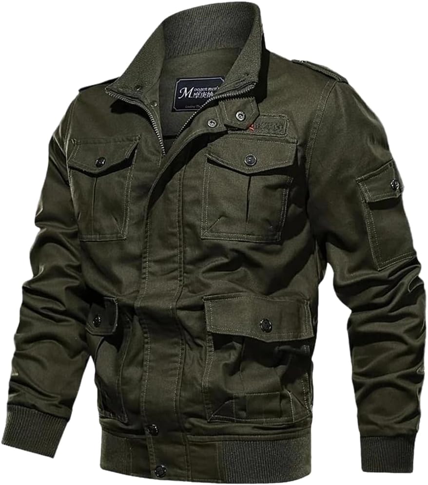 Men's Outdoor Spring And Autumn Pocket Solid Cotton Stand Up Collar American Style Jacket