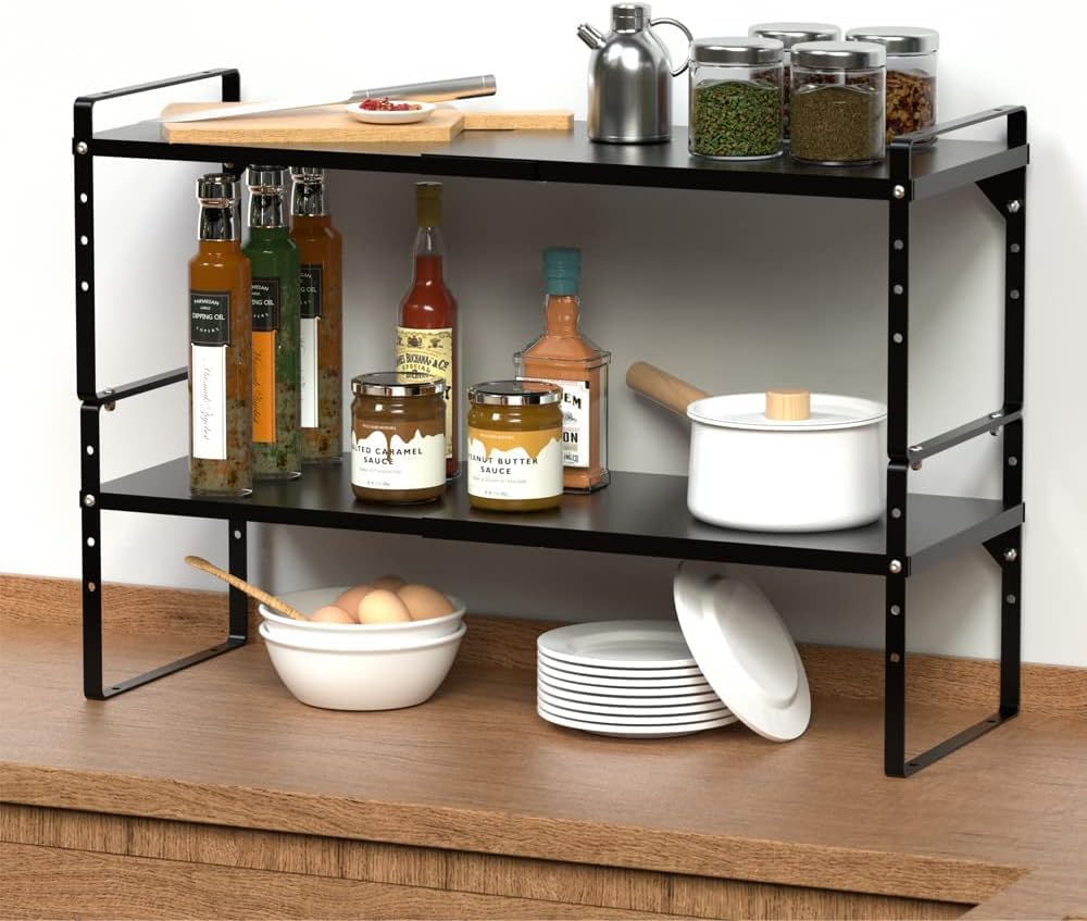 SANNO Expandable Kitchen Shelf Organizers, Stackable Cabinet Shelf Organizer Storage Rack, Countertop Organizer Kitchen Pantry Cupboard Pantry,Black, 10" W, 1 Pack