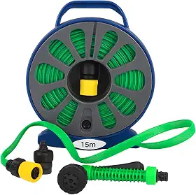 Mangueira Plana 15 Metros com Enrolador Manual e Bico Pulverizador 7 Jatos Multifuncionais Ideal para Jardim, ResidÊncias e Condomínios - E-FCS Store
