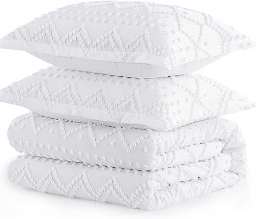 Miniatura 9 de Aisbo Juego de edredón bohemio tamaño Queen, juego de edredón blanco copetudo, bohemio, tamaño Queen, edredón de 3 piezas estilo rústico occidental