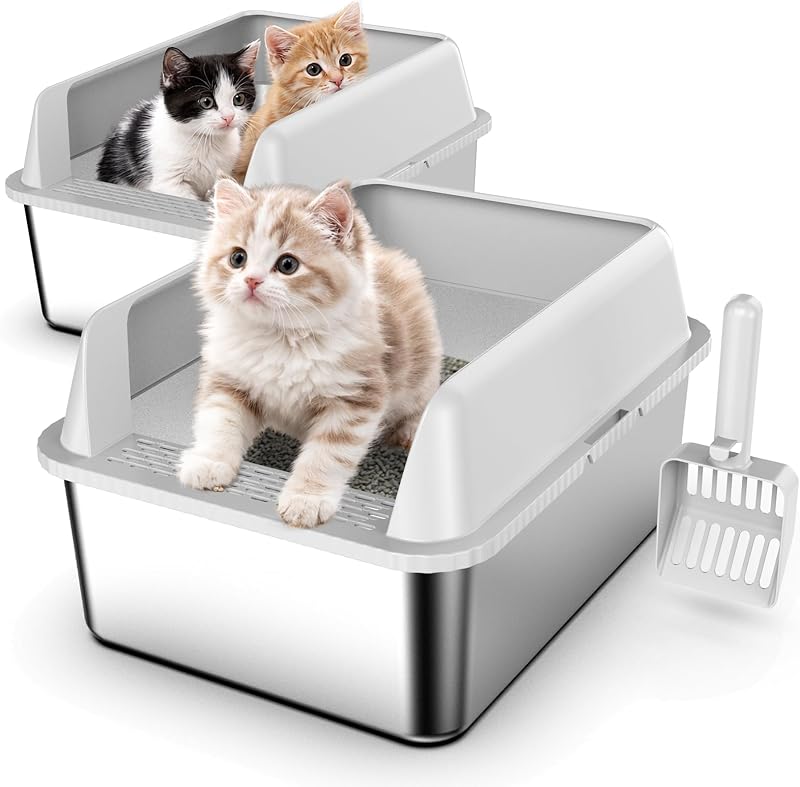 Caixa de Areia para Gatos em Aço Inoxidável com Tampa, 43,94 x 34,04 x 15,24 cm, Pacote com 2
