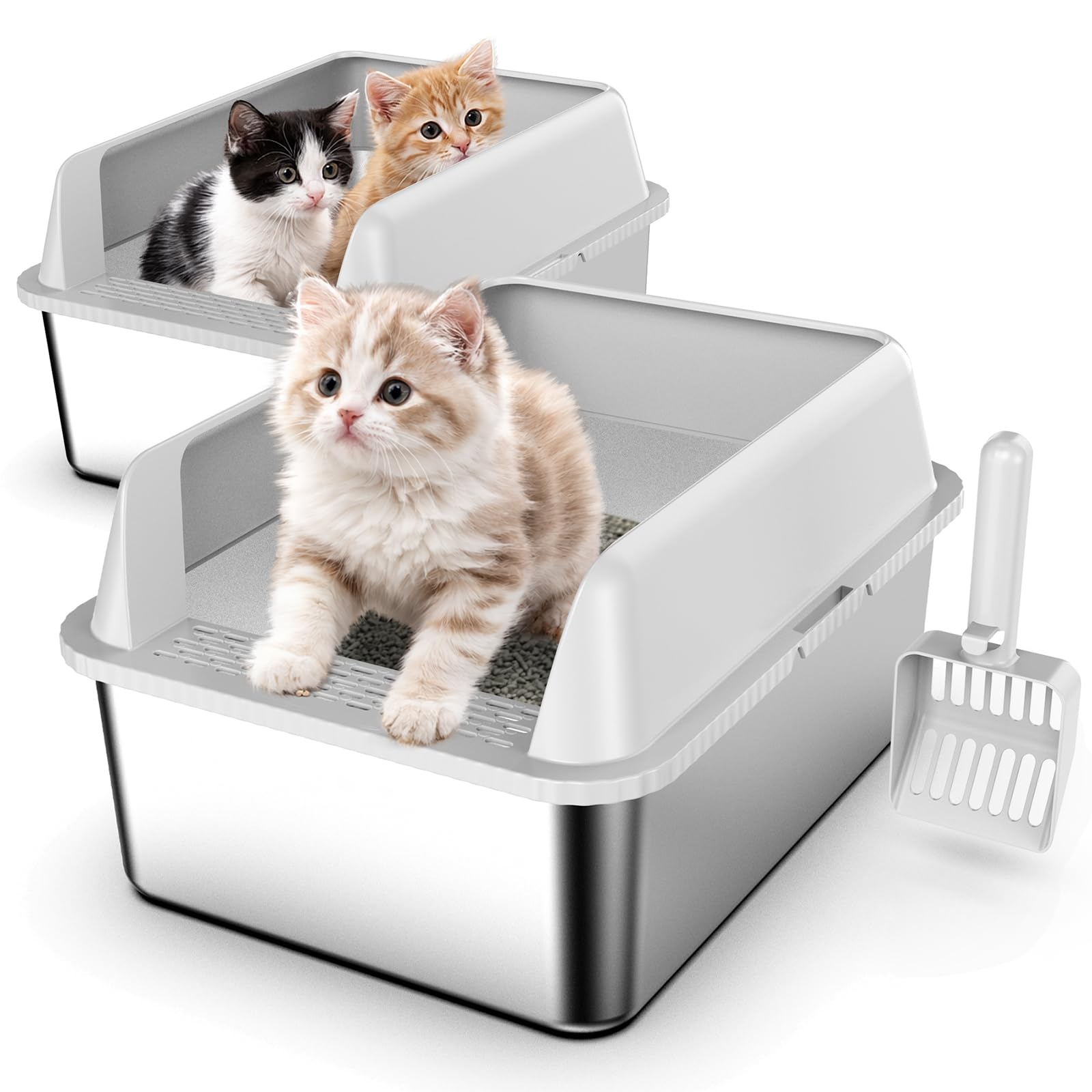 Suzzipaws 2 Pack Small Stainless Steel Litter Tray with Lid, 17.3x13.4x10 Inches Kitty Litter Box for Kittens & Small Pets, Enclosed Metal Cat Litter Box for Leak Proof, Easy-Clean, Odor Control