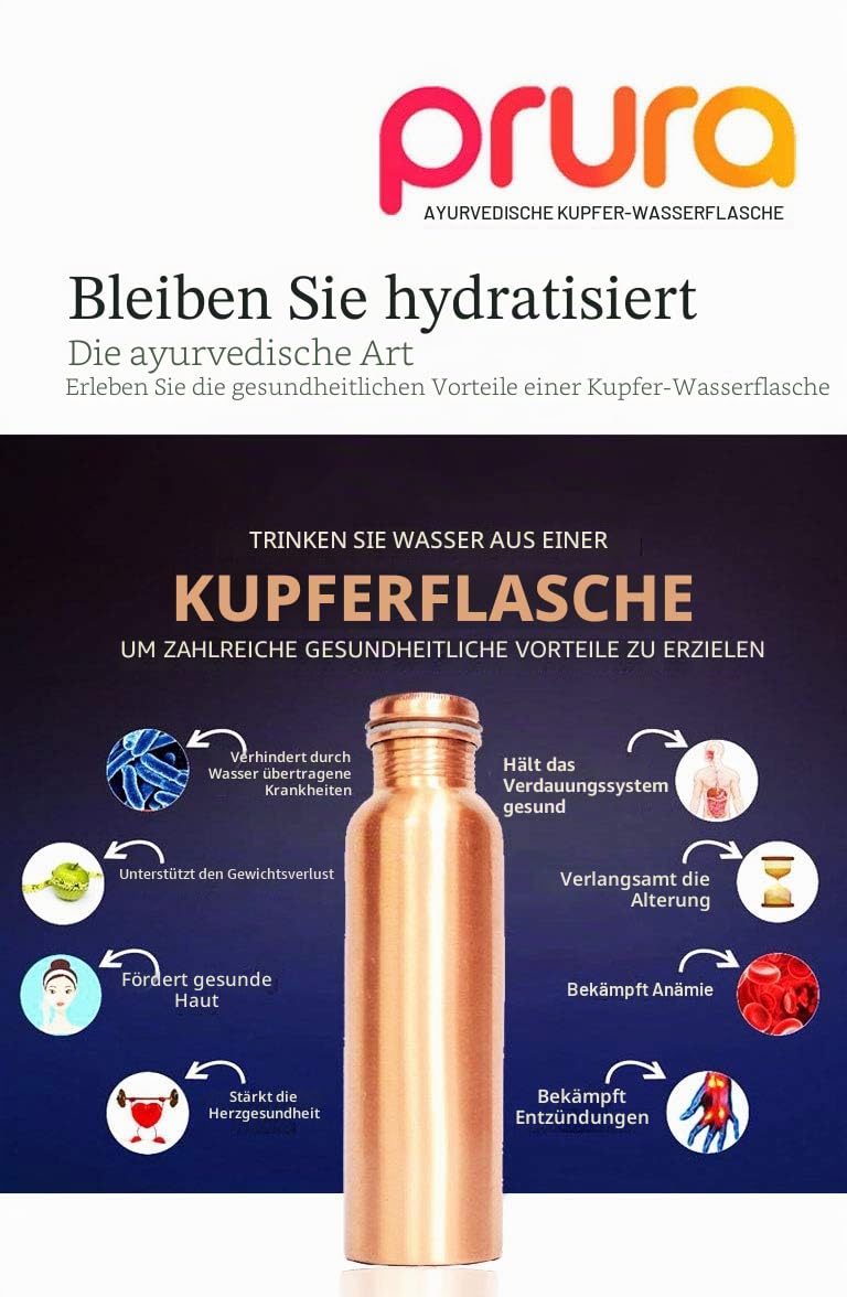 Wasserflasche aus Kupfer, Federdruck, auslaufsicher, ayurvedisches Trinkgefäß