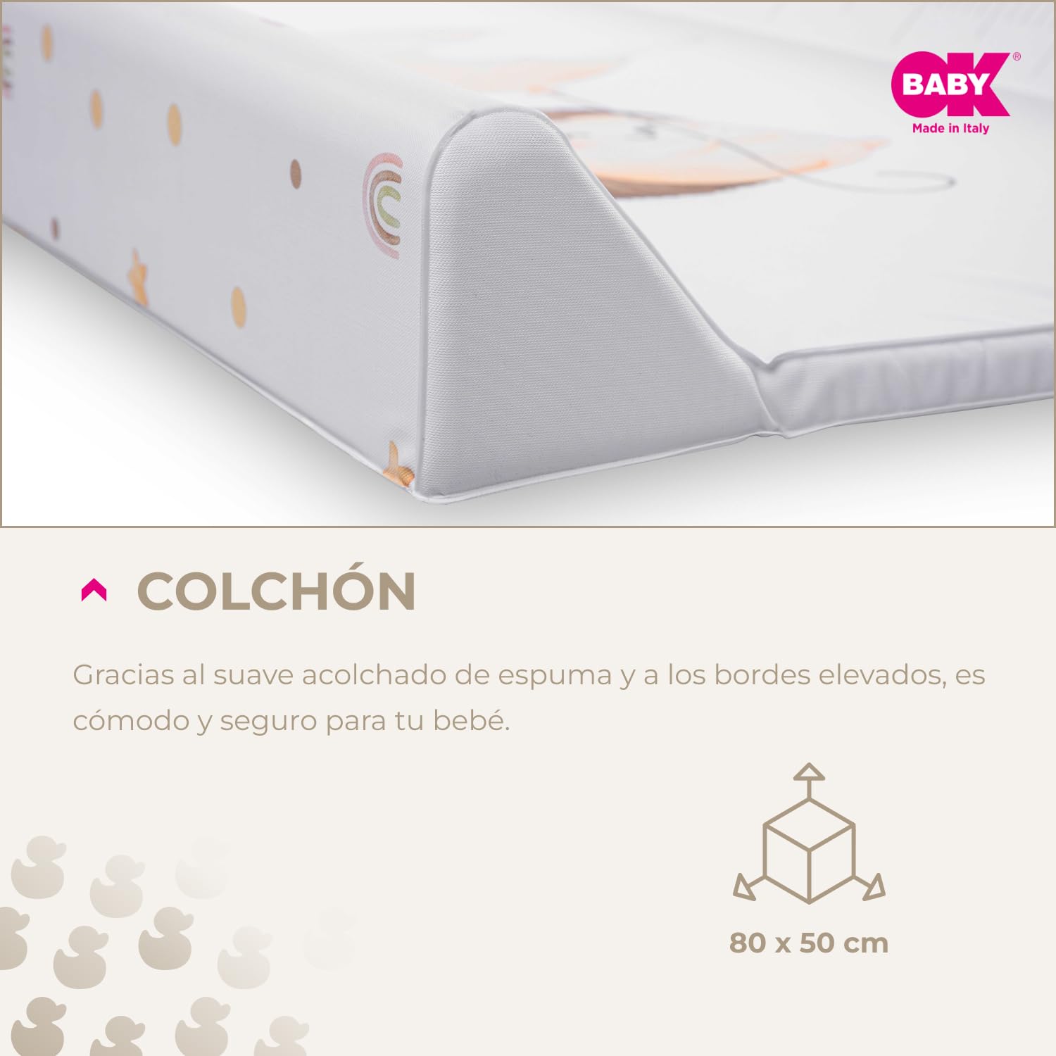 OKBABY Fluffy – Colchón cambiador suave y seguro con bordes laterales, fácil de limpiar, compatible con cambiador Woody, 80 x 50 cm, color blanco