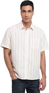 Colorplus Men Comfort Fit Stripe Pattern Linen Cotton Blend Plain Collar Half Sleeve Casual Shirt