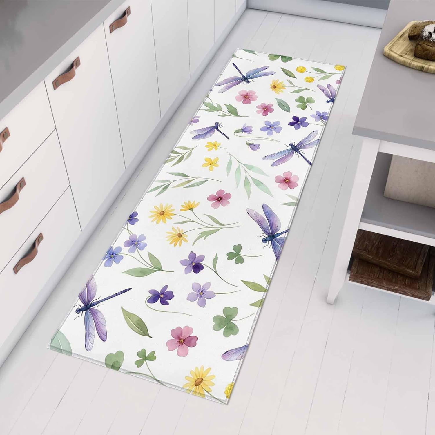 Teamery Kitchen Mats for Floor Summer Flower Leaf Dragonfly Washable Non Slip Kitchen Rugs 1PCS, Boho Country Botanical Absorbent Standing Mats for Sink Bathroom Office Living Room 23.6x70.9in