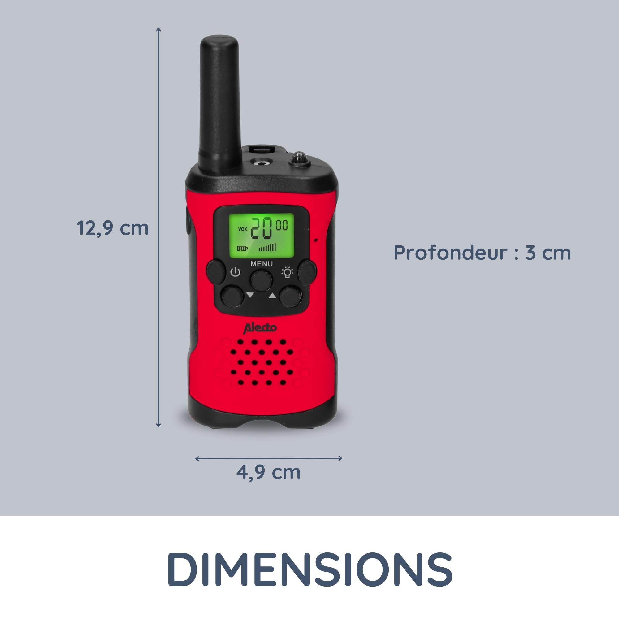 Alecto FR-115RD - Lot de Deux talkies Walkies pour Enfants - Talki Walki avec portée jusqu'à 7 kilomètres - Walky Talky 8 canaux - Lampe de Poche intégrée - Écran éclairé - Rouge