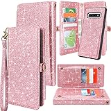 Galaxy S10 Wallet Case, Detachable Magnetic 12 Card Slots Wallet Case Shockproof PU Leather Flip Protective Cover Wrist Strap for Samsung Galaxy S10 (Glitter Pink)
