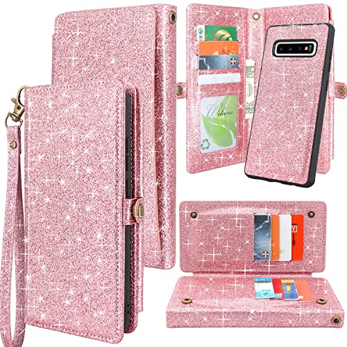 Harryshell Detachable Magnetic 12 Card Slots Wallet Case PU Leather Flip Protective Cover Wrist Strap for Samsung Galaxy S10 (Bling Pink)