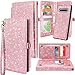 Galaxy S10 Wallet Case, Detachable Magnetic 12 Card Slots Wallet Case Shockproof PU Leather Flip Protective Cover Wrist Strap for Samsung Galaxy S10 (Glitter Pink)