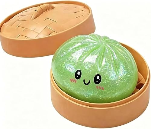 Glittery Steamed Bun Squishy Mystery Box - Iridescent Stress Relief Fidget Toy with Authentic Steamer Packaging (green)