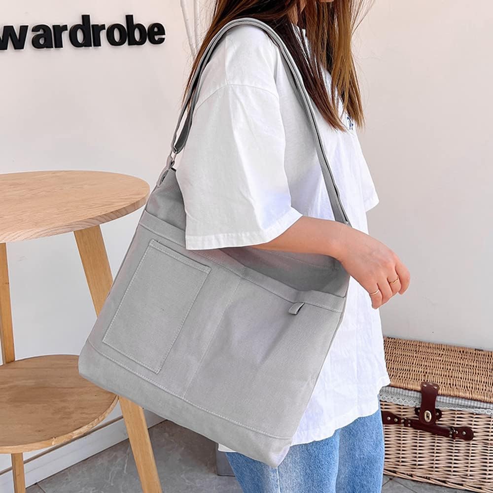 Economical Cotton Canvas Tote Bag,Women Hobo Shoulder Bag Crossbody Handbag with 3 External Pocket,Zipper Closure - Image 2