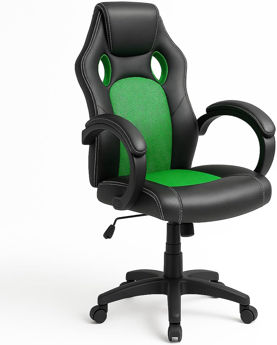 Sedia Sportiva Poltrona Direzionale da Ufficio 4 Ruote Girevole 360-¦ Modello Racer Gaming Design Extra Lusso in Ecopelle Nero e Tessuto (Verde)