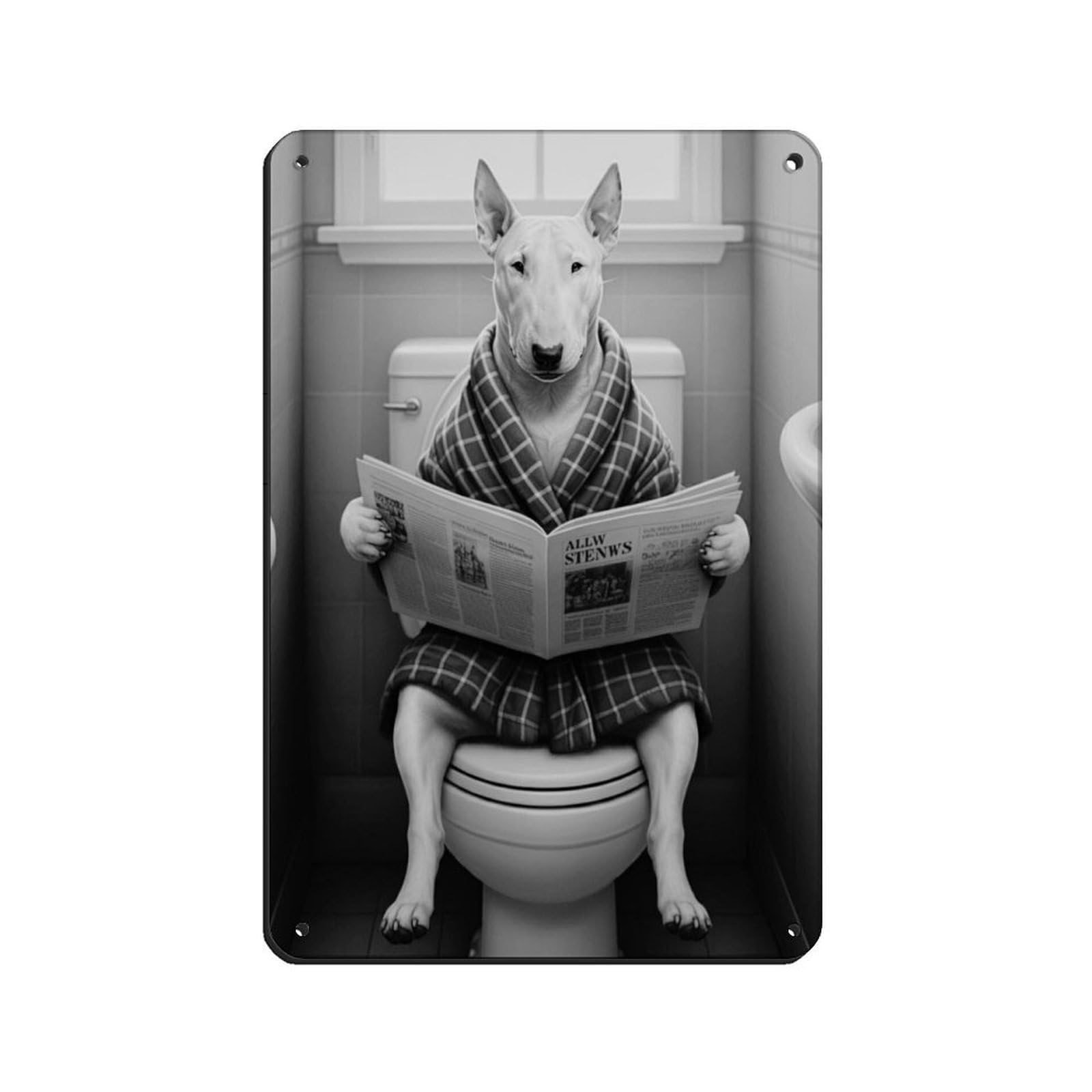 Bull Terrier on Toilet Reading Newspaper Tin Sign Vintage Metal Pub Club Cafe Bar Home Wall Art Decoration Poster Retro 8x12inch(20x30cm)