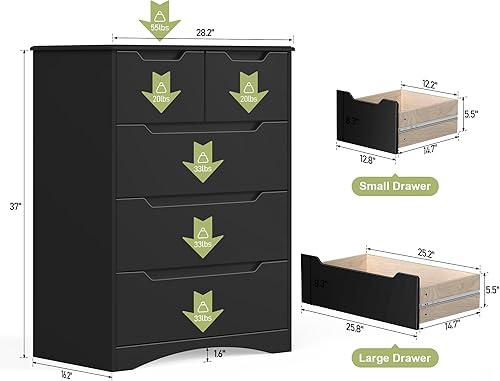 Vista 3 de Gizoon Cómoda de 5 cajones, cómoda negra para dormitorio con gran capacidad de almacenamiento, cómoda con mango integrado, dispositivo resistente