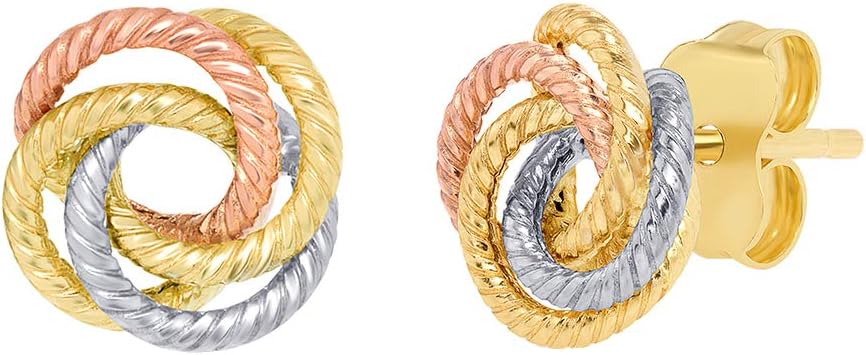 Jewelry America 14K Tri-Color Gold Twisted Love Knot Stud Rope Earrings, 9mm