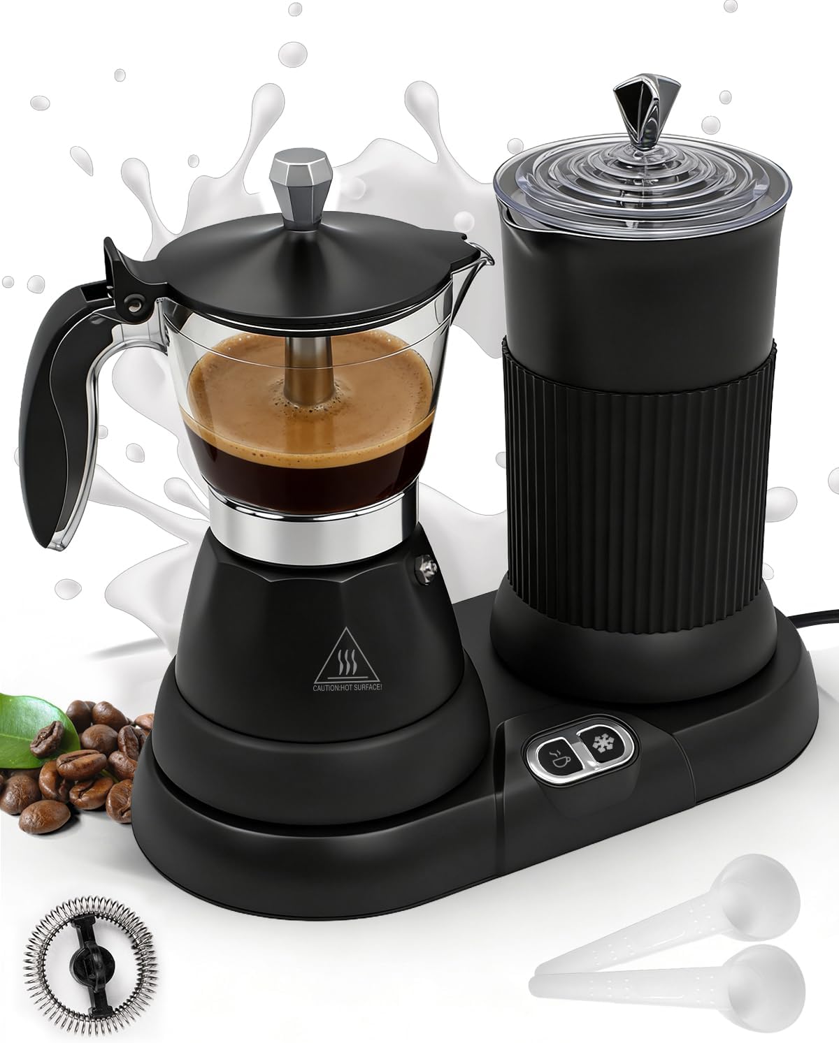 2-in-1 Milk Frother Electric Foam Maker and Moka Coffee Maker Espresso Maker 110V Electric Base Aluminum Frother Moka Pot 5oz 150ml Frothing Easy Brewing Latte Cappuccino Home Gift Black