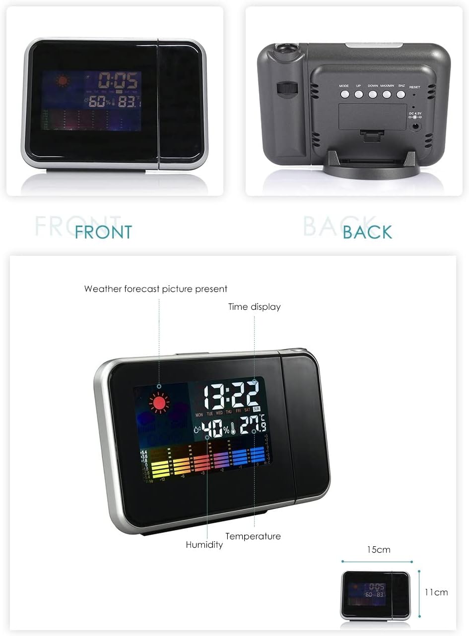 Projection Alarm Clock Digital Color Screen 12/24 Display Temperature Humidity Weather Forecast LED Alarm Clock