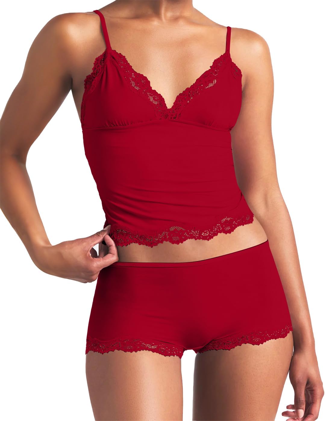 Ezbelle Women's Pajama Set Two Piece Tank Lounge Matching Lace Pjs Short Pants V Neck Outfit Sexy Knit Summer Crop Clothes