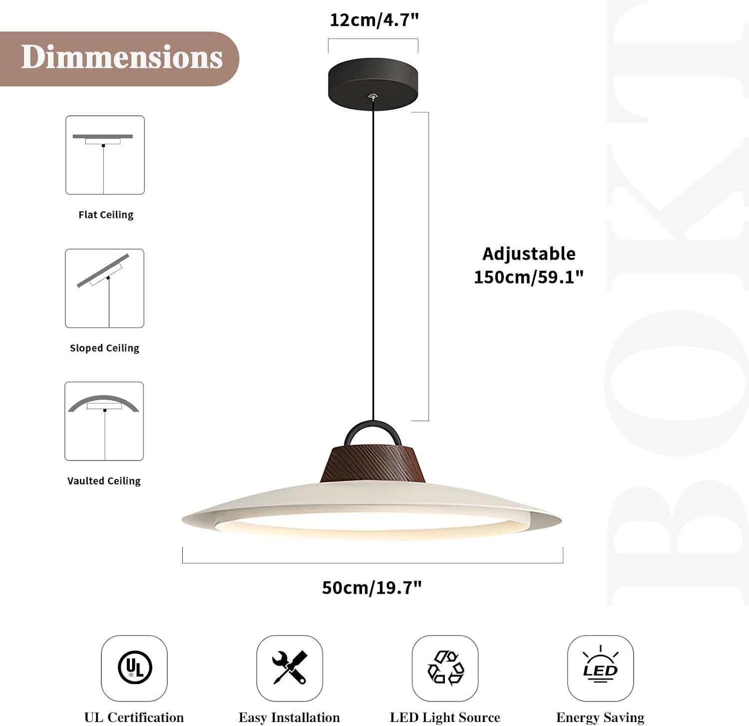 BOKT Large Led Pendant Lights Kitchen Island Unique Adjustable Pendant Lamp Industrial White Light Fixture with Dome Lampshade for Bathroom Bedroom Hallway