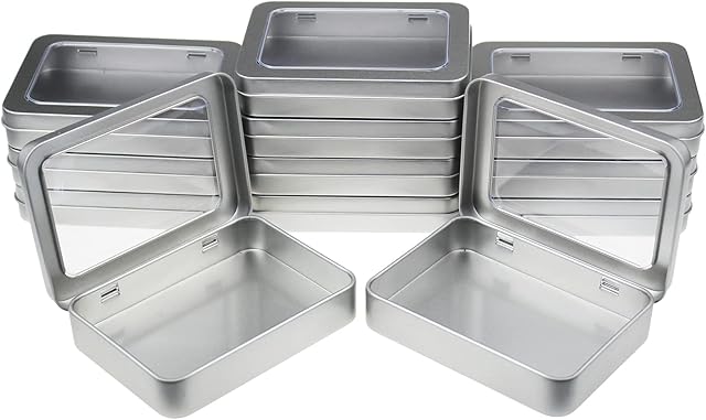 12 Pack Empty Rectangular Metal Storage Organizer Tins with Clear Window Hinged Lids for Small Items and Other Craft Projects, 115 x 85 x 22 mm (Silver)
