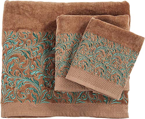 Image of Paseo Road Wyatt 3 Piece Western Rustic Bathroom Towel Set, Mocha Turquoise Southwestern Themed Towels with Scroll Embroidery, Lodge Bath Towel, Hand Towel and Finger Towel